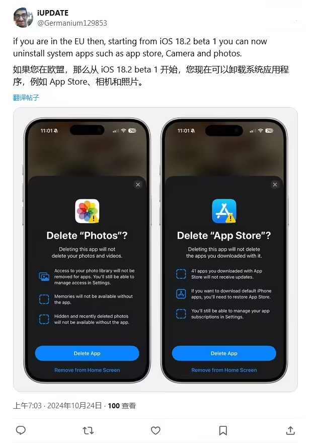 射阳苹果手机维修分享iOS 18.2 支持删除 App Store 应用商店 